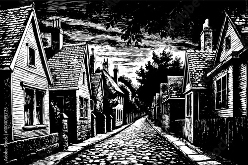 Vintage Village Street Illustration Quaint Houses and Cobblestone Path