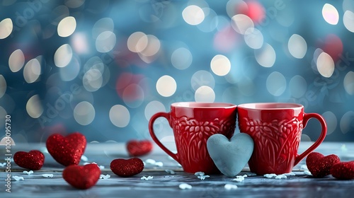 Valentine's day holiday celebration with hearts and cups over bokeh background photo