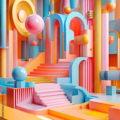 Exploring a Vibrant 3D Abstract Space of Colorful Shapes and Modern Design Elements