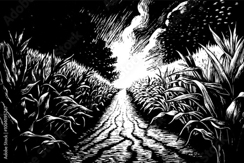 Dramatic Black and White Cornfield Pathway Illustration with Evening Sky