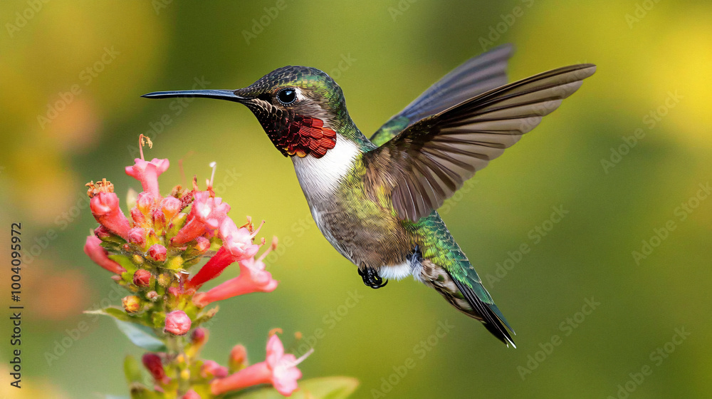 Fototapeta premium A vibrant ruby-throated hummingbird hovering near a flower