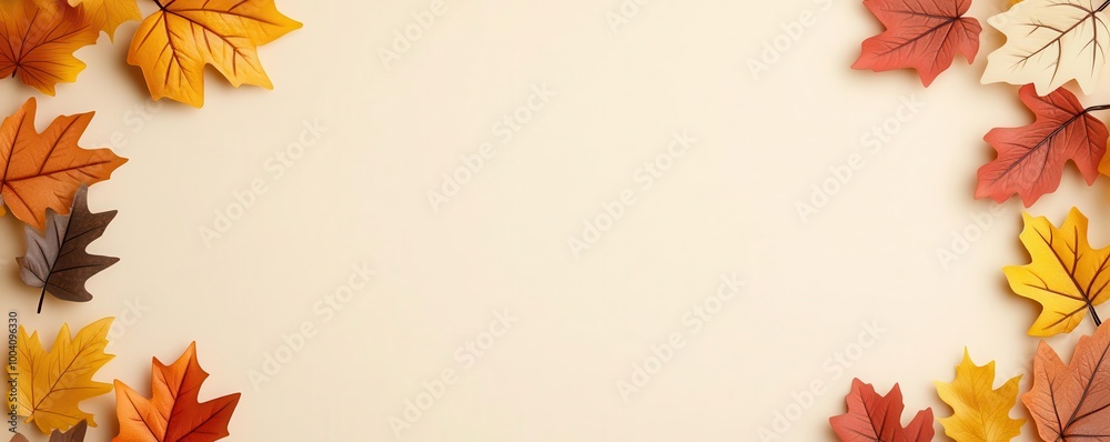 Golden autumn foliage along the sides, flat beige background, Fall frame, text-friendly center Golden autumn foliage along the sides, flat beige background, Fall frame, text-friendly center
