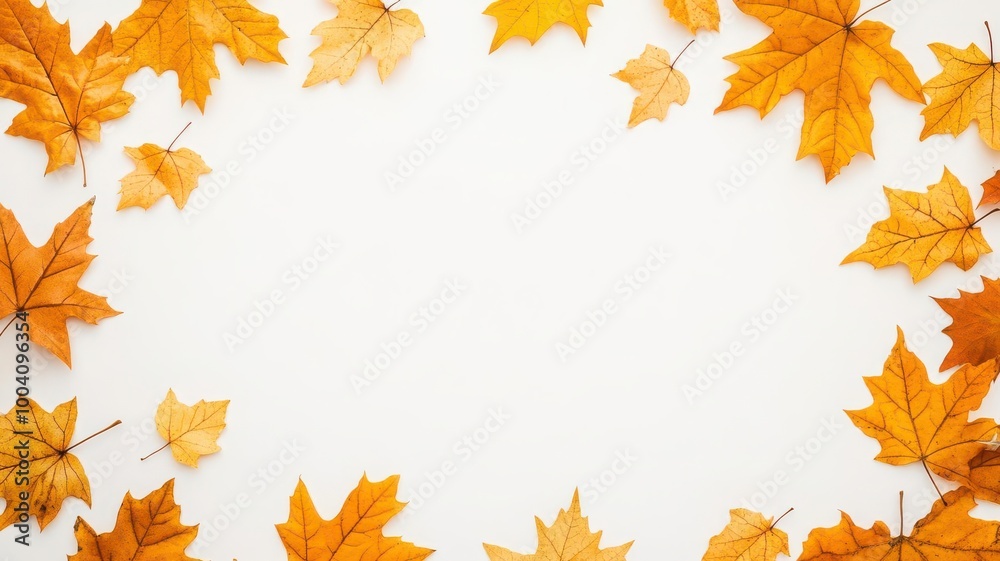 Golden autumn leaves scattered at edges, neutral plain background, Autumn scatter, text-friendly center Golden autumn leaves scattered at edges, neutral plain background, Autumn scatter, text-friendly center