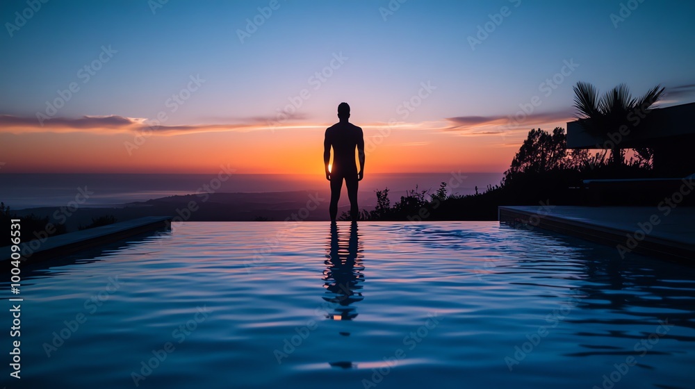 Fototapeta premium A man stands in a pool looking at the sunset.