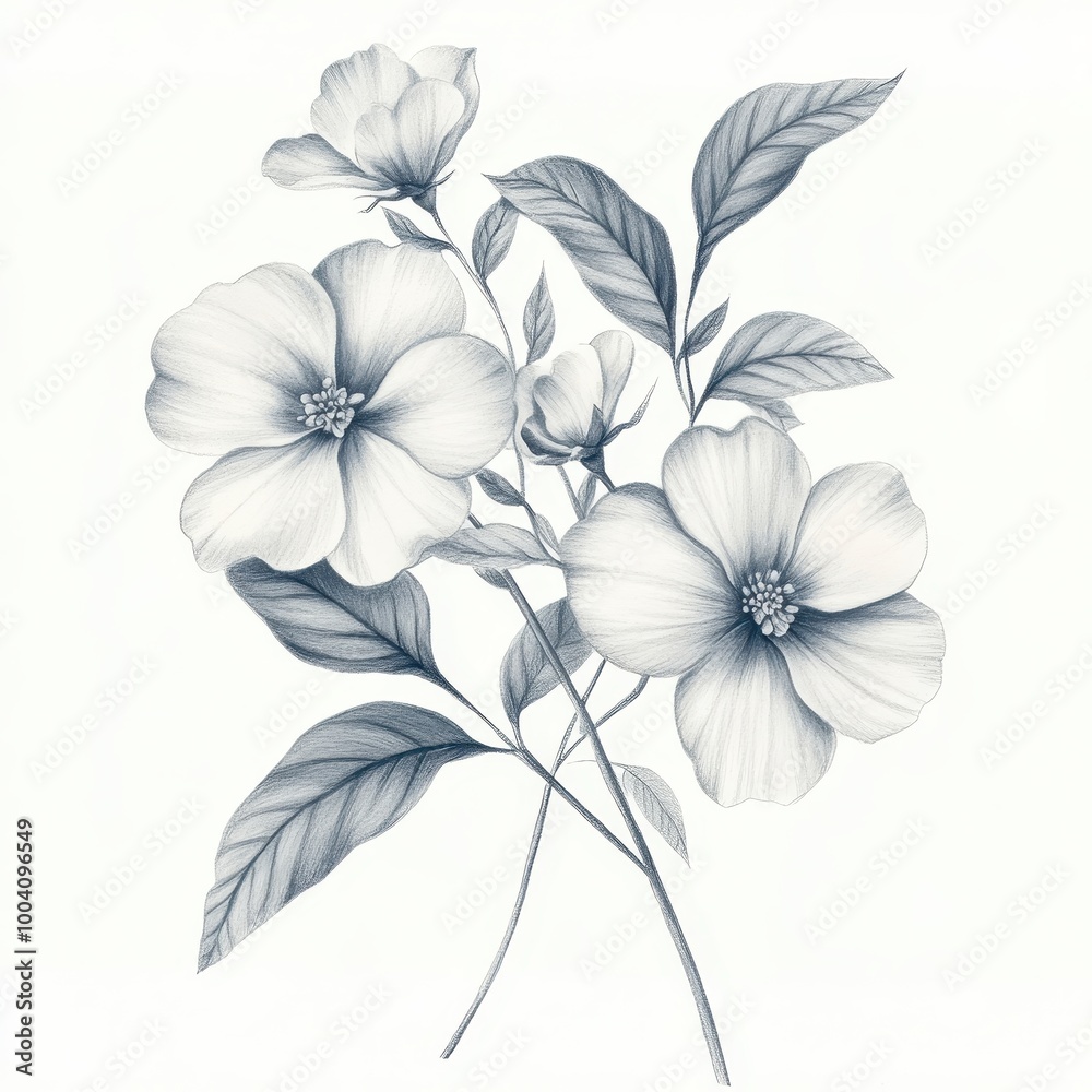 Obraz premium A detailed monochrome illustration of flowers and leaves, showcasing botanical beauty.
