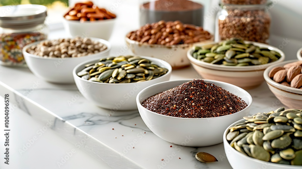 Variety of seeds bowl on white quartz counter top Variety of seeds bowl on white quartz counter top