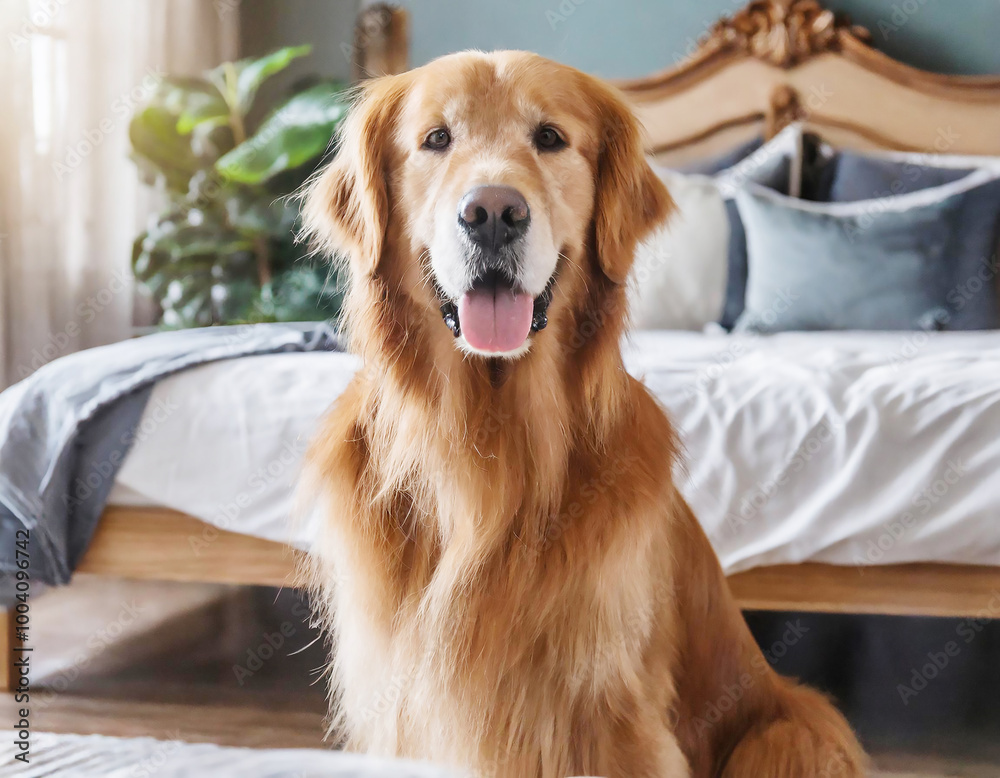 close up of a golden retriever sitting in front of bed at home close up of a golden retriever sitting in front of bed at home