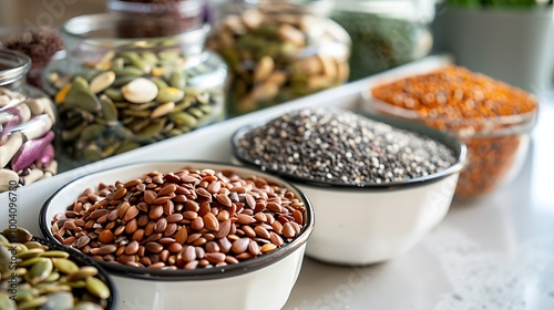 Variety of seeds bowl on white quartz counter top