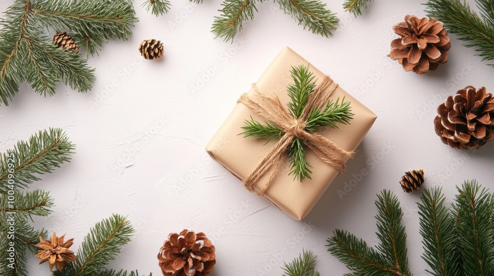 A beautifully wrapped gift adorned with pine branches sits amid pinecones and evergreen foliage, celebrating the spirit of the holiday season A beautifully wrapped gift adorned with pine branches sits amid pinecones and evergreen foliage, celebrating the spirit of the holiday season