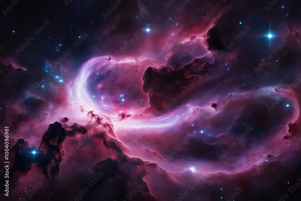 Obraz premium Stunning 3D Neon Cosmic Nebula Visualization Featuring Glowing Swirls and Celestial Atmosphere