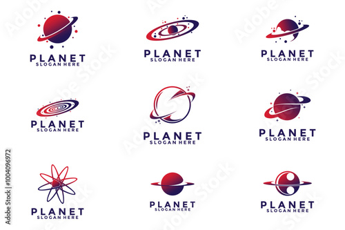Set of Planet and satellites vector minimalist logo. Planet logo design vector template
