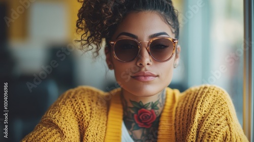 A woman wearing sunglasses and a yellow cardigan sits confidently, displaying a prominent red rose tattoo on her neck, against a softly blurred background.