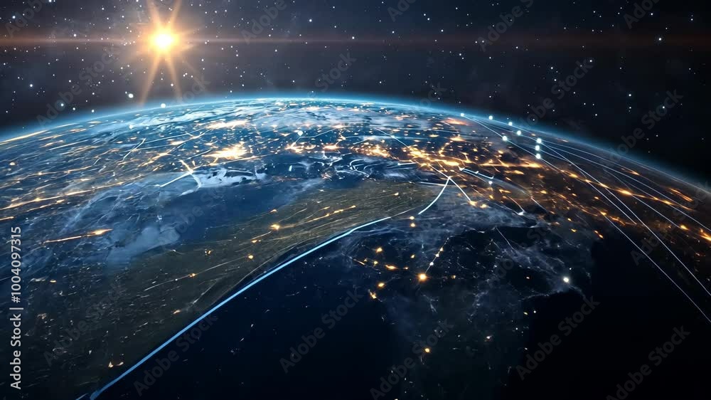 A view of Earth from space with the sun shining brightly and lines connecting cities around the globe