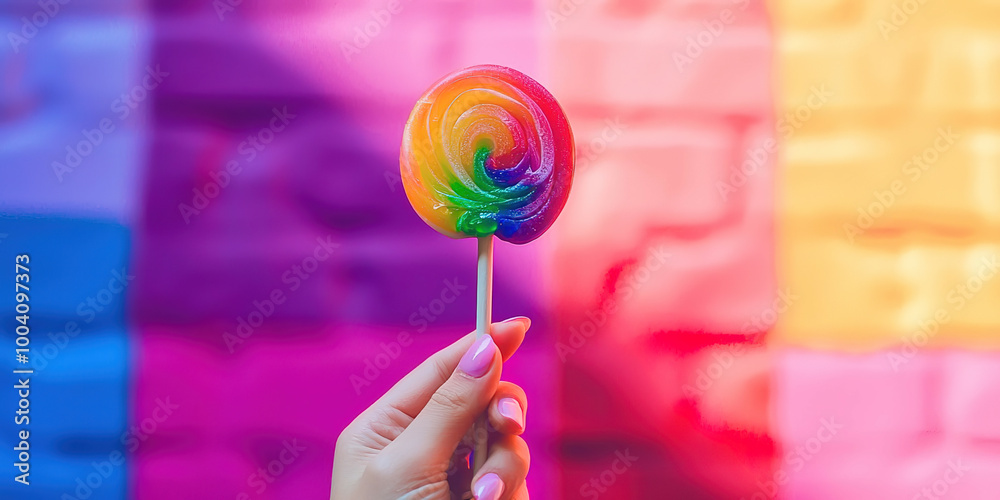 A person is holding a rainbow lollipop A person is holding a rainbow lollipop