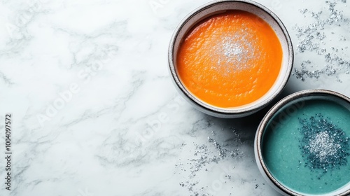 Positioned artistically, two bowls with contrasting colors, orange and blue, rest on a bright marble top, each enhanced with a powder garnish for added texture. photo