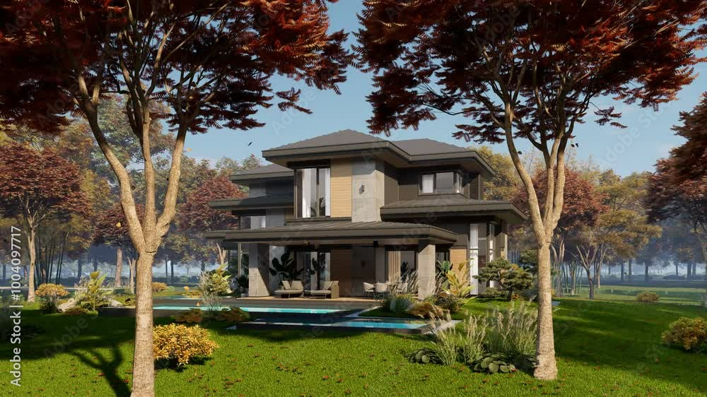 4K video rendering of modern two story house with gray and wood accents, large windows for sale or rent in luxurious style Clear sunny autumn day with golden leaves anywhere 4K video rendering of modern two story house with gray and wood accents, large windows for sale or rent in luxurious style Clear sunny autumn day with golden leaves anywhere
