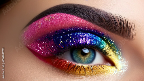 A woman's eye is covered in glitter and colorful makeup