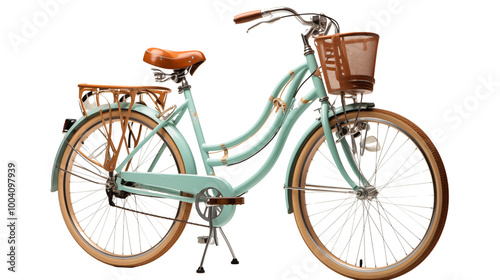 A vintage blue bicycle with a wicker basket on the handlebars, studio view, isolated on white background. photo