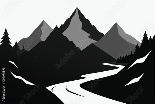 Landscape with silhouettes of mountains and Mountain river. Nature background. Vector illustration. Old style black and white mountain vector