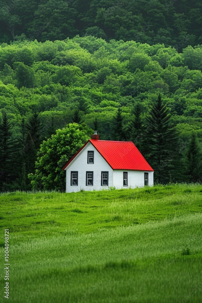 A traditional-style house with a distinctive red roof situated in a green field A traditional-style house with a distinctive red roof situated in a green field