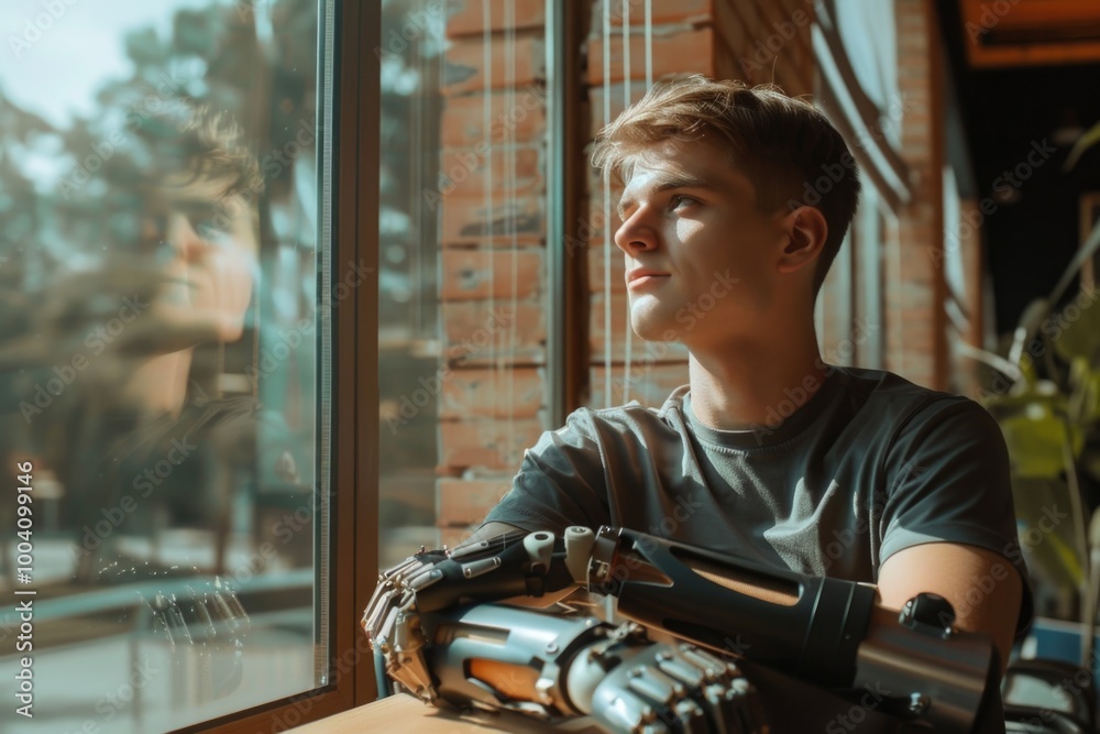 A young man sits in front of a window, holding a gun A young man sits in front of a window, holding a gun