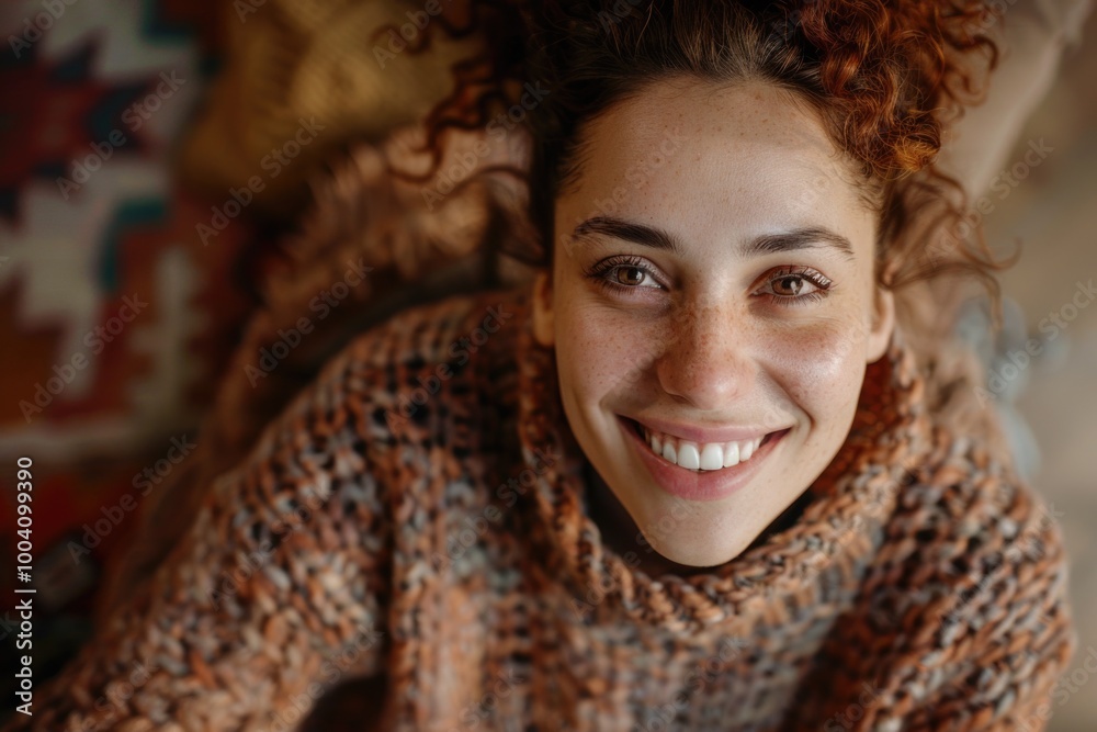 A smiling woman with curly red hair looking directly at the camera A smiling woman with curly red hair looking directly at the camera