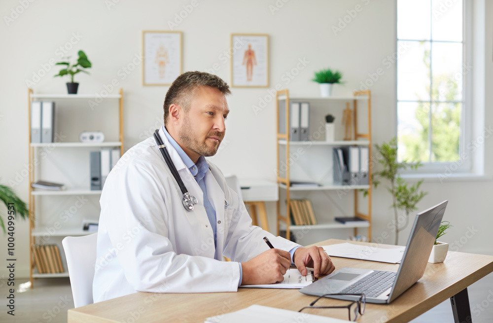 Portrait of confident mature male doctor sitting at the desk and working in office looking at laptop monitor screen. Man physician in stethoscope in clinic making notes in notepad on workplace. Portrait of confident mature male doctor sitting at the desk and working in office looking at laptop monitor screen. Man physician in stethoscope in clinic making notes in notepad on workplace.