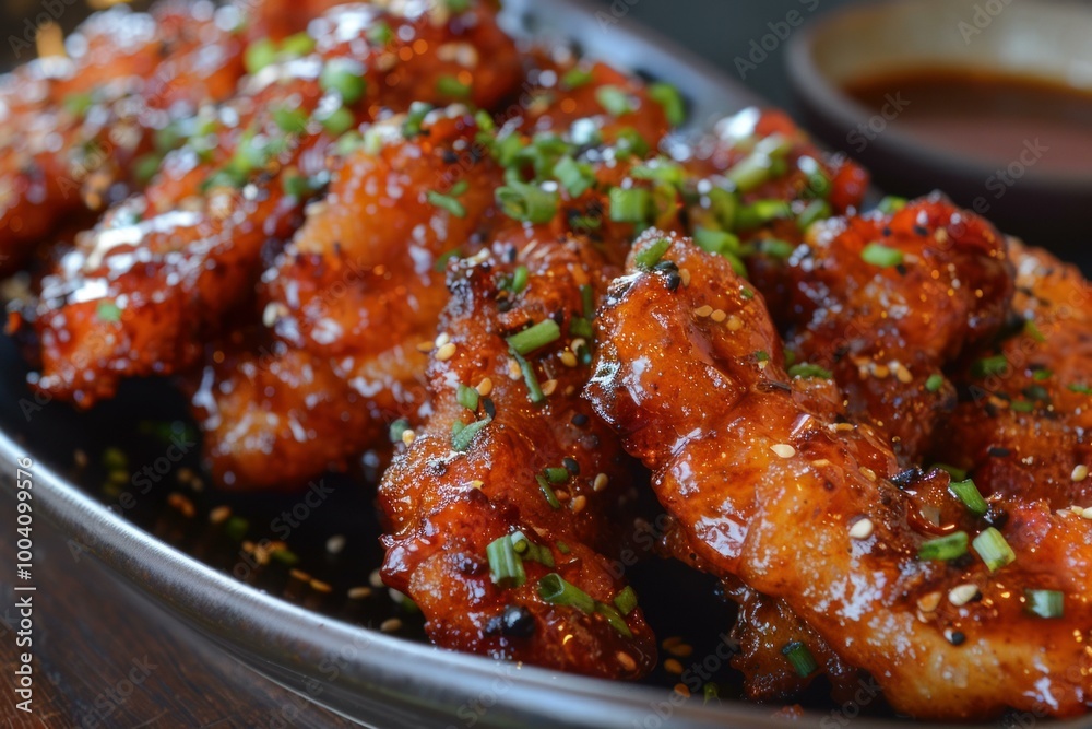 Spicy korean fried chicken with sesame seeds and green onions being served on a black plate Spicy korean fried chicken with sesame seeds and green onions being served on a black plate