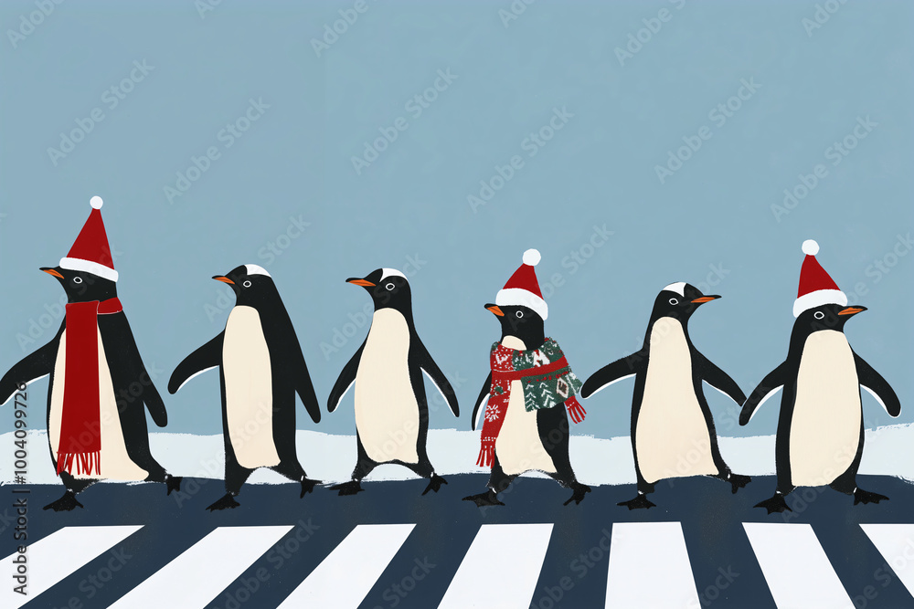 Obraz premium Penguins Crossing the Road Wearing Christmas Clothing