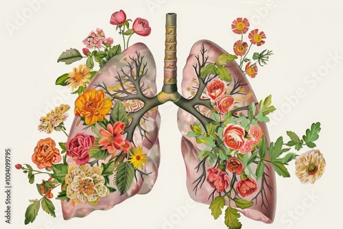 A pair of lungs surrounded by flowers, a unique and creative representation of the human respiratory system