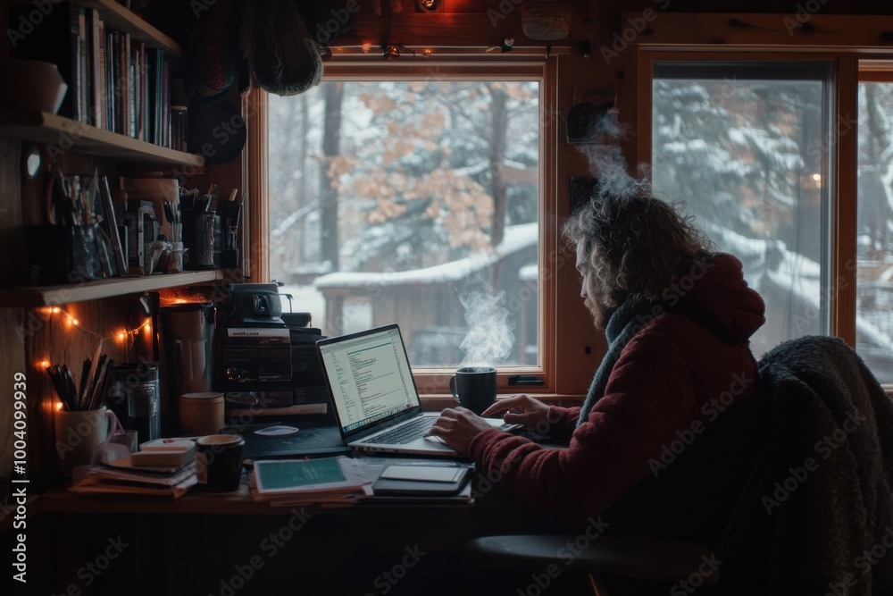 A person engrossed in work on a laptop sits surrounded by a rustic, warmly decorated cabin interior, with snow visibly blanketing the landscape outside. A person engrossed in work on a laptop sits surrounded by a rustic, warmly decorated cabin interior, with snow visibly blanketing the landscape outside.