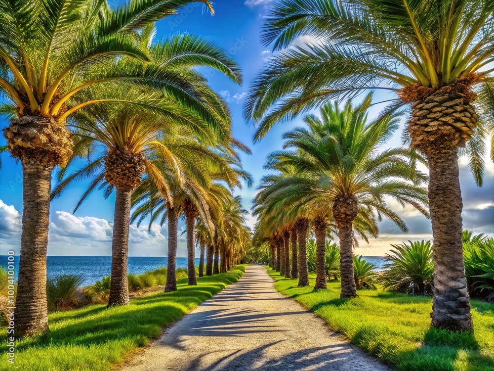 Golden sunlight illuminates the winding coastal path lined with slender Tropical pygmy date palms, their fronds swaying gently in the sea breeze. Golden sunlight illuminates the winding coastal path lined with slender Tropical pygmy date palms, their fronds swaying gently in the sea breeze.