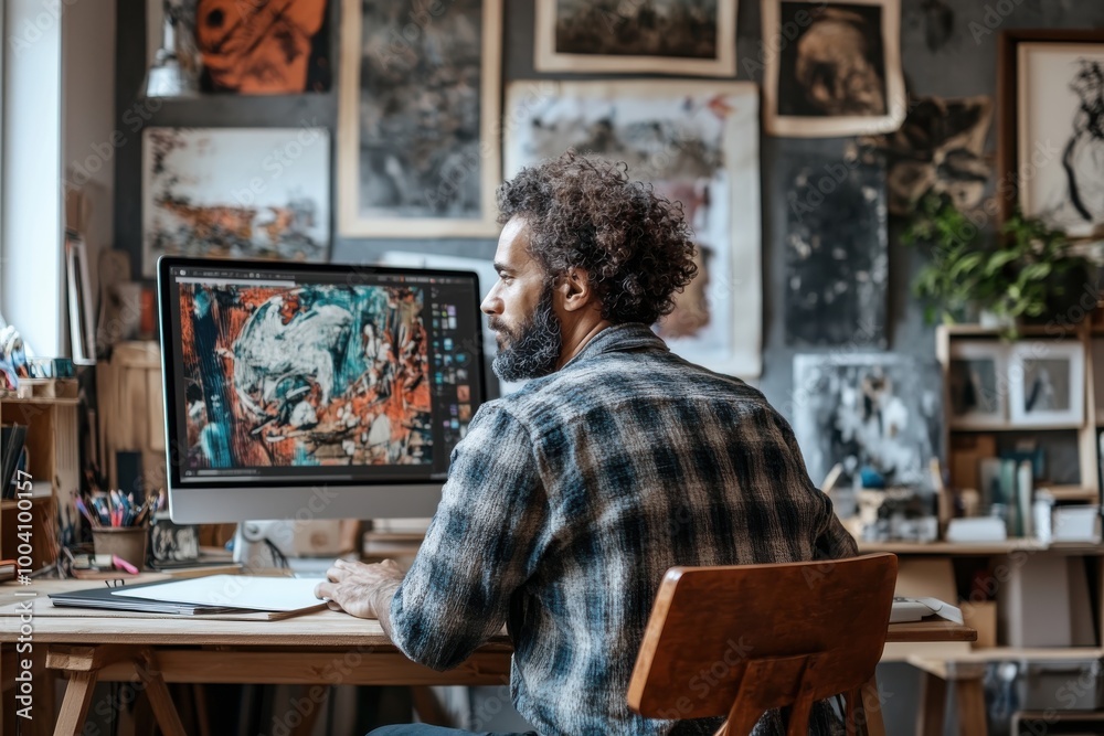 An artist immersed in creating digital art at a computer desk, surrounded by various art supplies and artworks, in a creatively decorated studio space. An artist immersed in creating digital art at a computer desk, surrounded by various art supplies and artworks, in a creatively decorated studio space.