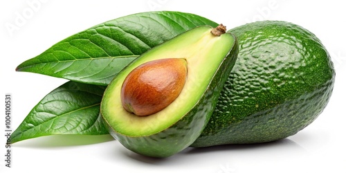 Green avocado fruit with a unique, slightly rough skin texture and a lone attached leaf. photo