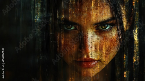 caged woman symbolizing machismo surrounded by golden bars expressing feelings of entrapment with a powerful emotional resonance set against a dark background for dramatic impact photo