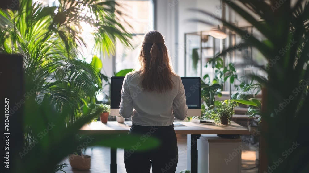 Woman working at a desk surrounded by indoor plants in a bright environment. Woman working at a desk surrounded by indoor plants in a bright environment.