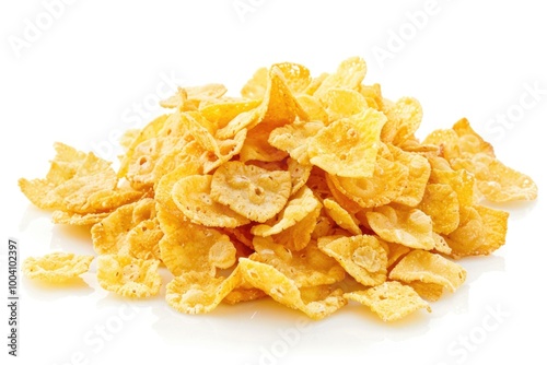 A pile of Corn Flakes cereal on a white surface