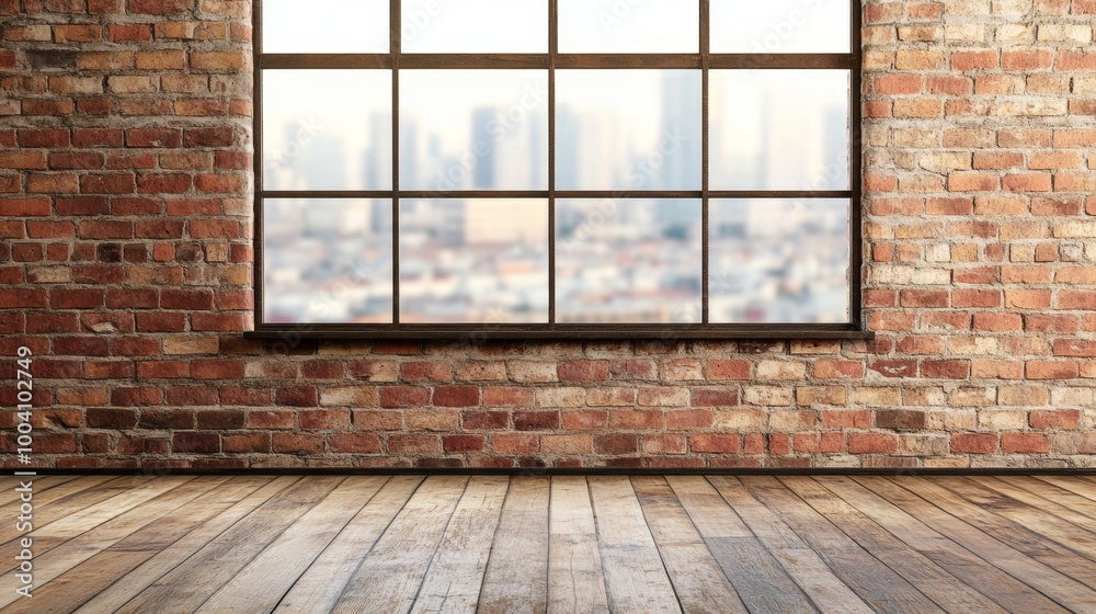 With wooden flooring and a contemporary brick wall design, this loft-style empty room features wooden flooring and a large window With wooden flooring and a contemporary brick wall design, this loft-style empty room features wooden flooring and a large window