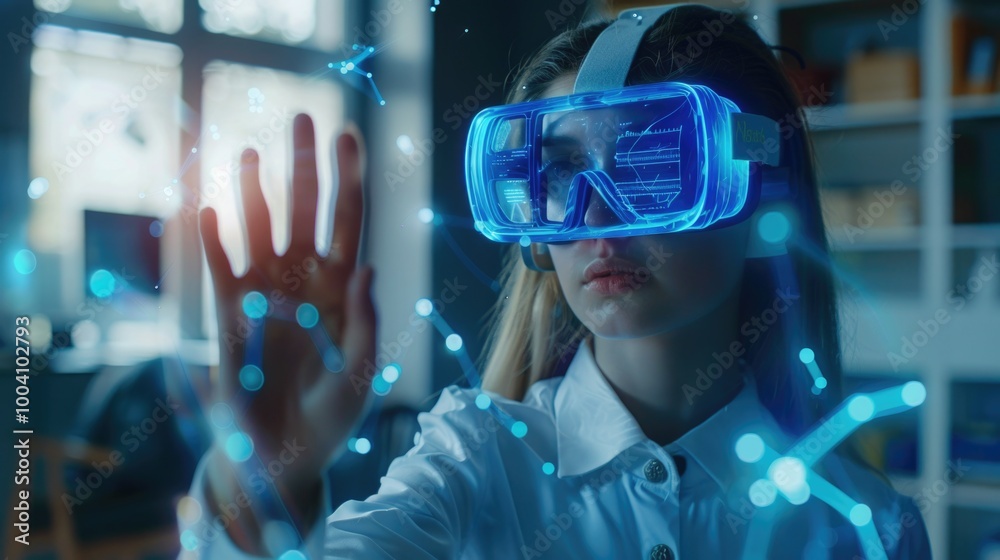 A person wearing a white shirt operates a virtual reality headset A person wearing a white shirt operates a virtual reality headset