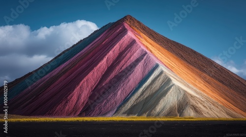 Stunning abstract mountain with bright stratified colors such as pink, orange, and gray cascading down its peaks topped with fluffy clouds in a blue sky. photo