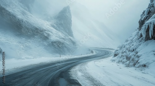 A snowstorm sweeping across an abandoned mountain road, thick snow covering every surface, with visibility near zero. photo