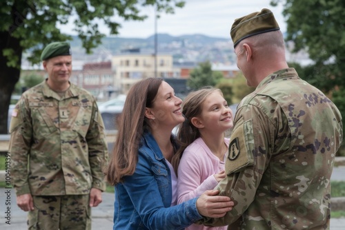 Soldier being welcomed home by smiling woman and child at street corner. Background shows buildings. Concept of reunion and happiness