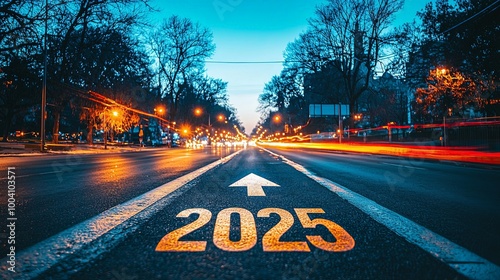 A road lined with trees illuminated at dusk with glowing cars moving toward a 2025 sign, evoking themes of ambition and future aspirations.