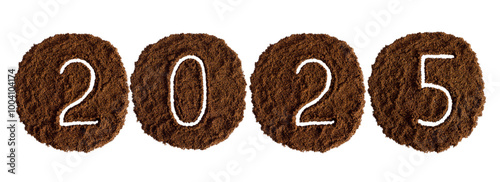 happy holidays lettering numbers from ground coffee without background new Year 2025