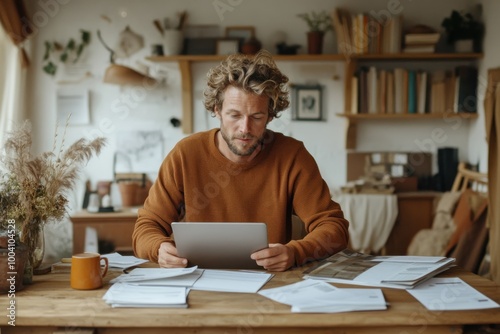 A man, casually dressed, is reviewing documents amidst a rustic, warmly toned home office setup, conveying focus, homeliness, and a sense of casual professionalism.