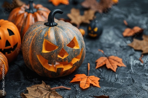 A group of Halloween pumpkins sitting on top of colorful autumn leaves, perfect for fall decoration or harvest-themed designs photo