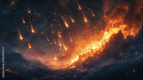 A violent meteor shower striking the earth, with fiery fragments crashing down and causing devastation across the landscape photo