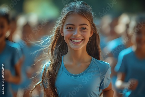 A girl smiles brightly while standing in front of a group of people, radiating joy and positivity. photo