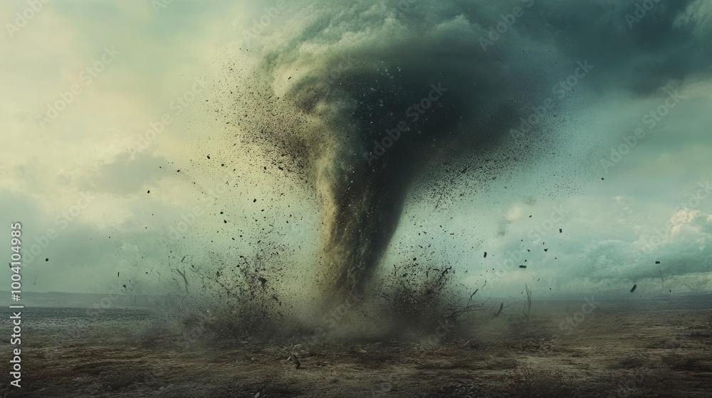 A tornado funnel cloud forming over a wide-open plain, debris spinning ...