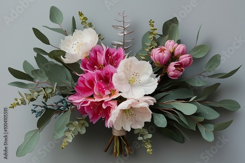 Stunning Watercolor Floral Arrangement Featuring Rhododendron Blooms and Eucalyptus Leaves for Elegant Wedding Decor